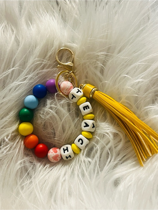 Accessories - Teacher Yellow Tassel Rainbow Bead Keyring